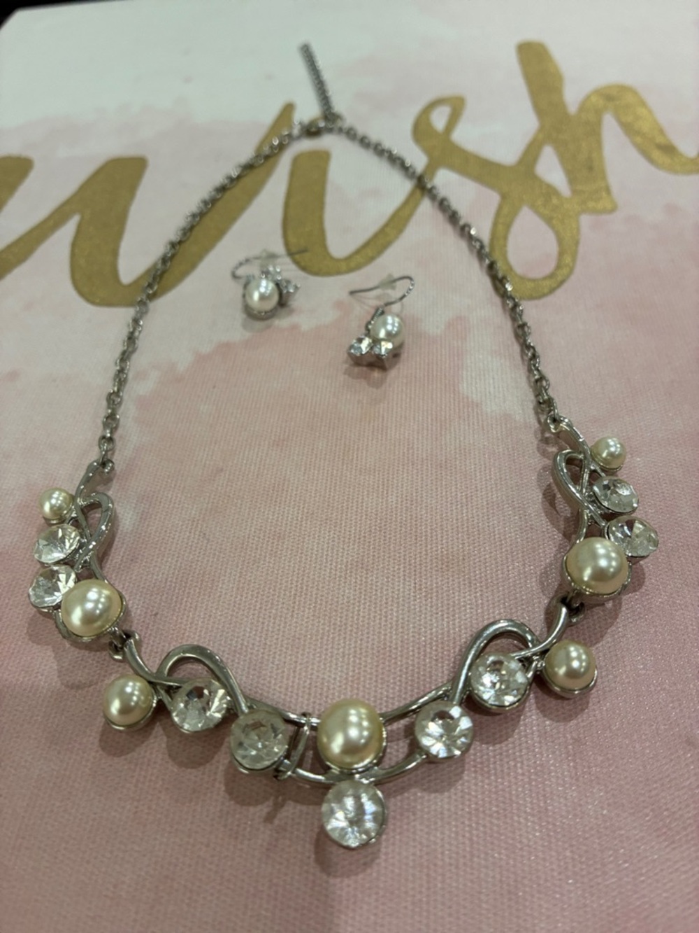 Classic Pearl and Crystal Necklace & Earring Set - Silver Finish